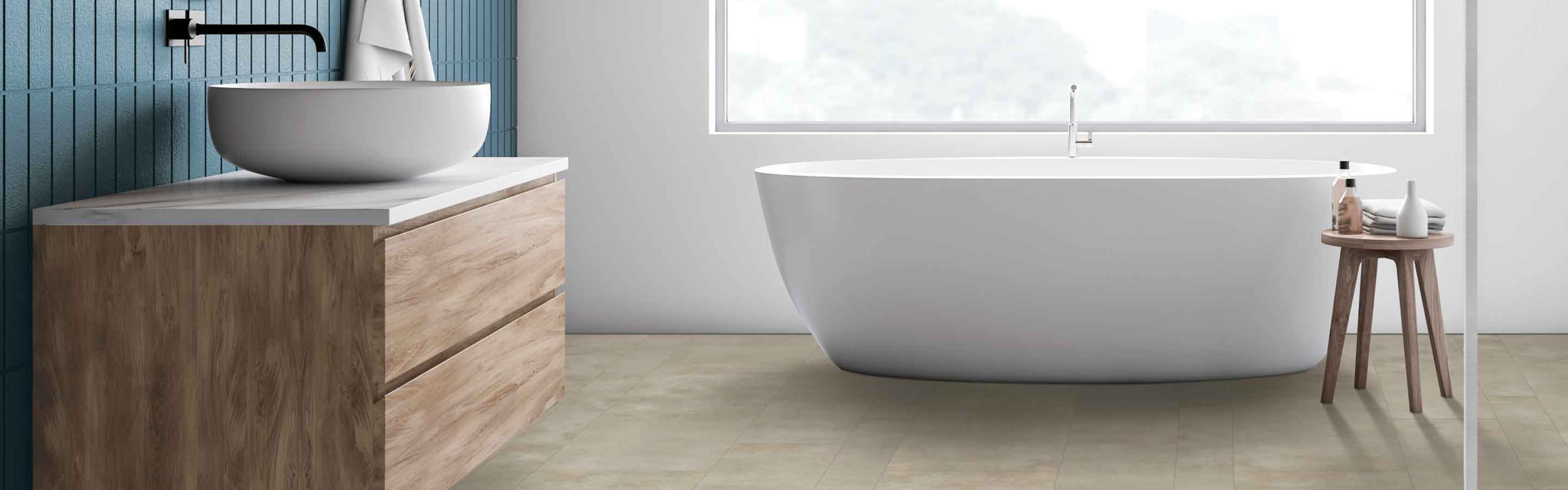 bathroom with stone look luxury vinyl, blue accent wall, exposed beams and large soak tub